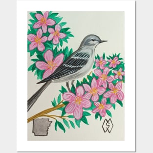 Arkansas state bird and flower, the mockingbird and apple blossom Posters and Art